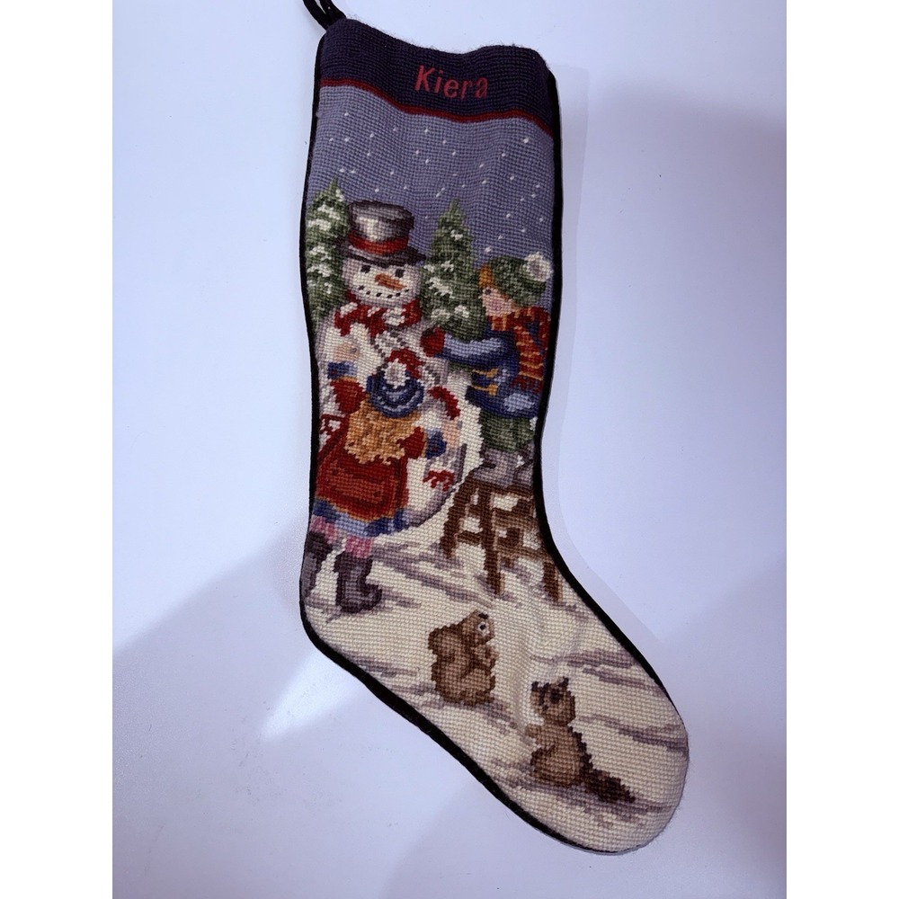 Lands End Needlepoint Christmas Stocking With Snowman Children + Woodland Animal